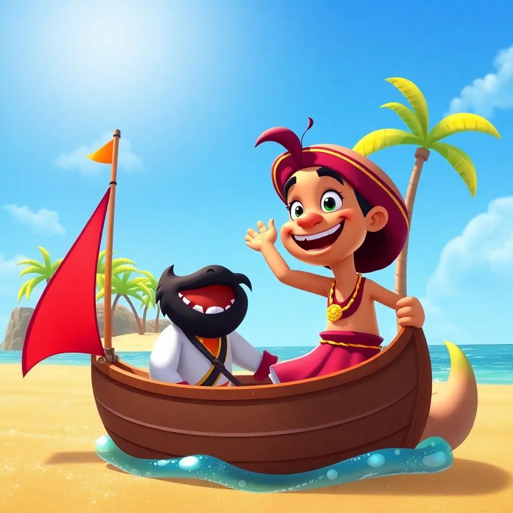 Sinbad sailing next to the sea monster, now friendly and smiling, as they explore a bright hidden island with colorful palm trees and sparkling golden sand, cheerful and friendly, adventure-themed, high quality