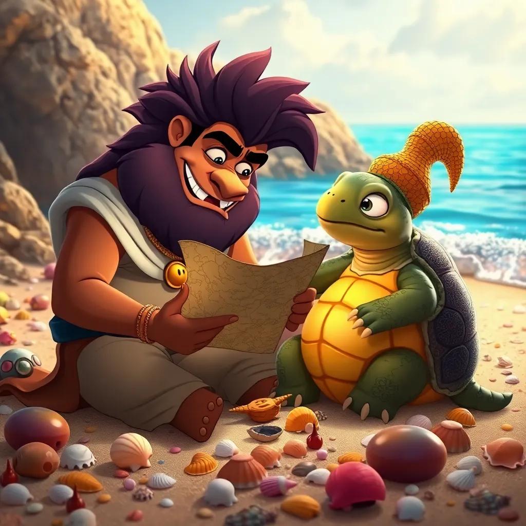Sinbad and the friendly beast sharing a map with a wise old turtle, sitting on a beach filled with seashells and treasures, warm light, inviting scene, friendship theme, high quality