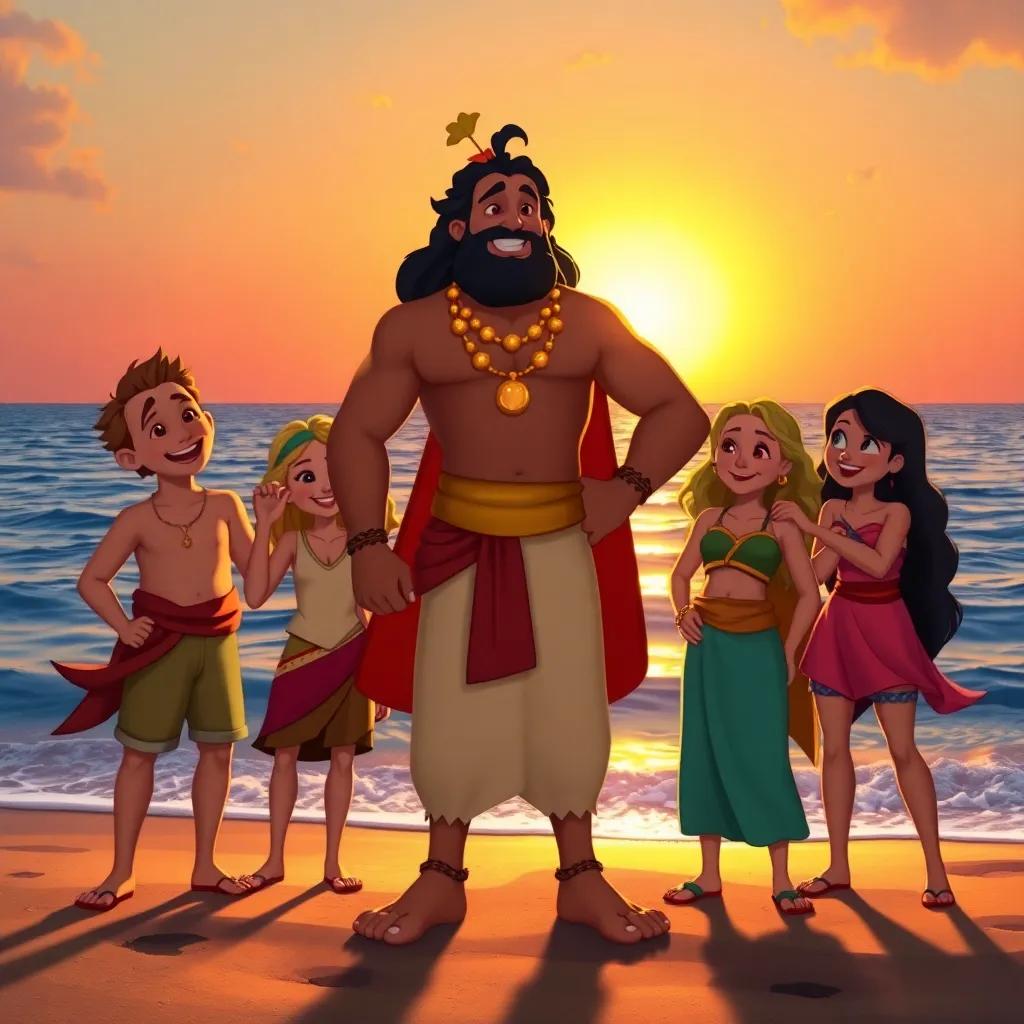 Sinbad standing proud on the shore, surrounded by joyful friends as they celebrate their adventure with laughter, sunset in the background casting golden light, heartwarming scene, vibrant colors, high quality