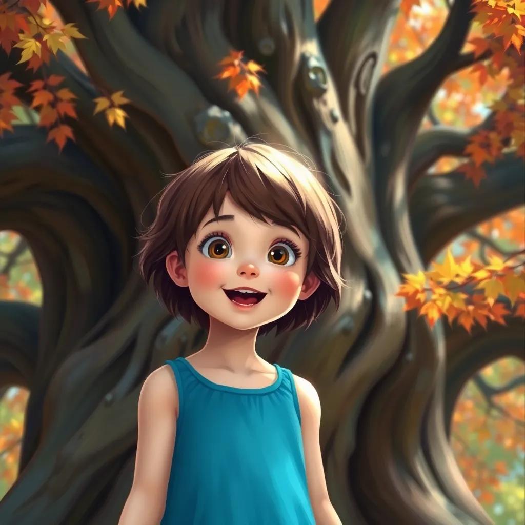 A young girl, Sofie, with short brown hair, wearing a bright blue dress, standing in front of a big, old tree with colorful leaves, excited expression, digital art, cheerful, vibrant colors, inviting atmosphere, high quality