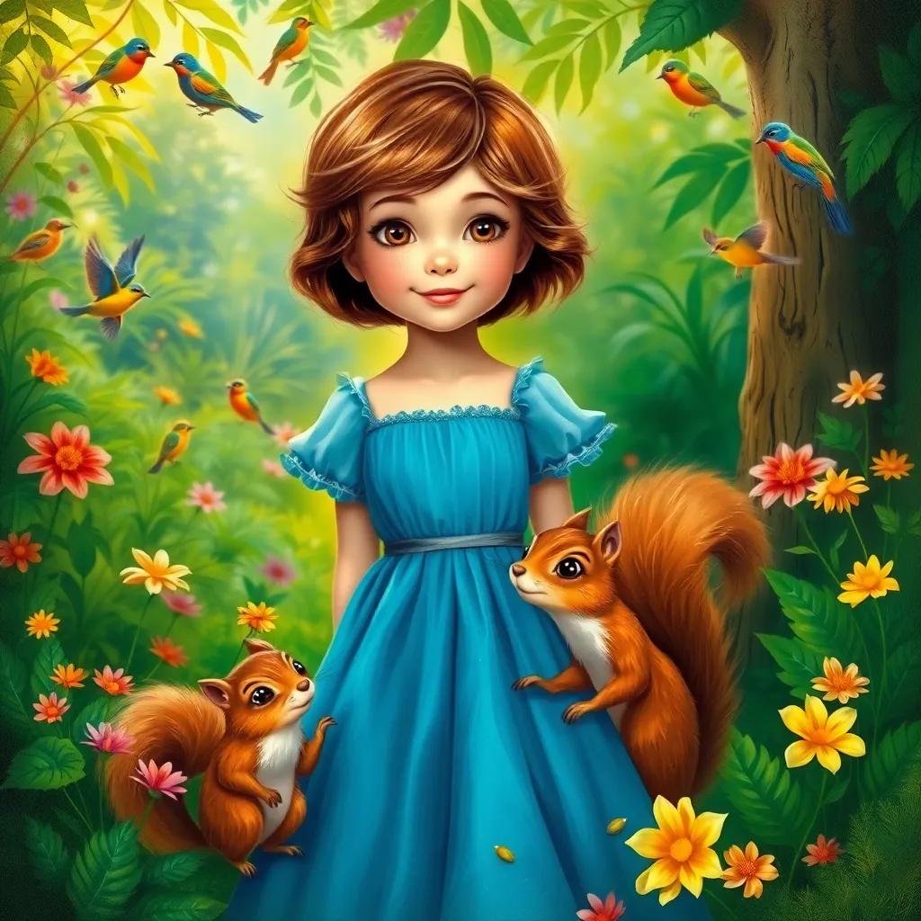 Sofie, a young girl with short brown hair in a bright blue dress, with a small brown squirrel, Leo, beside her in a lush green jungle, surrounded by vibrant flowers and singing birds, delightful scene, warm light, high quality