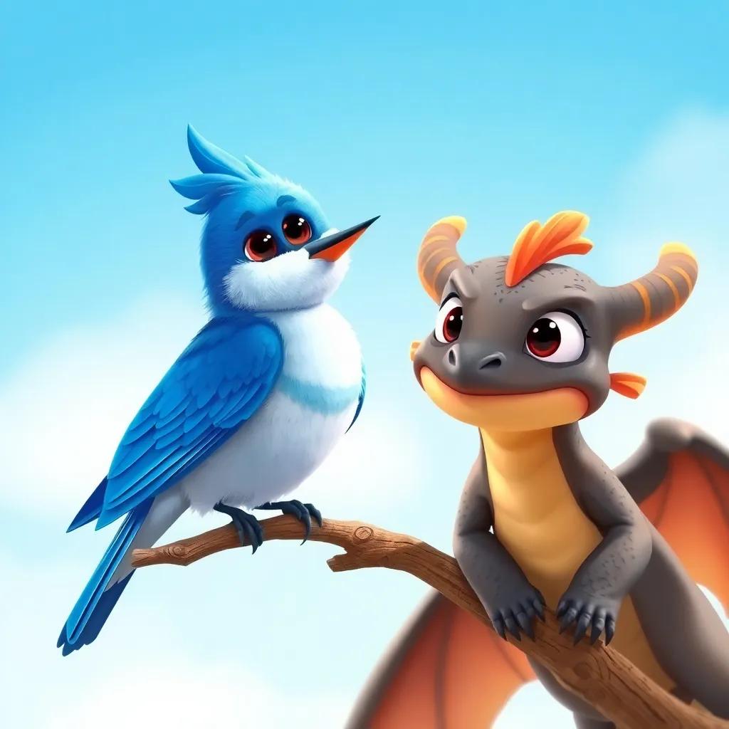 A bluebird, Bella, with bright blue feathers sitting on a branch, Spark the dragon looking eager and curious, surrounded by a blue sky, cheerful, cartoonish style, warm colors, high quality