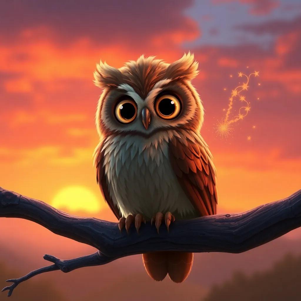 An old wise owl, Oliver, with brown feathers and big eyes, sitting on a high branch, Spark practicing his roar, sunset colors in the background, whimsical, magical feel, detailed digital art, high quality