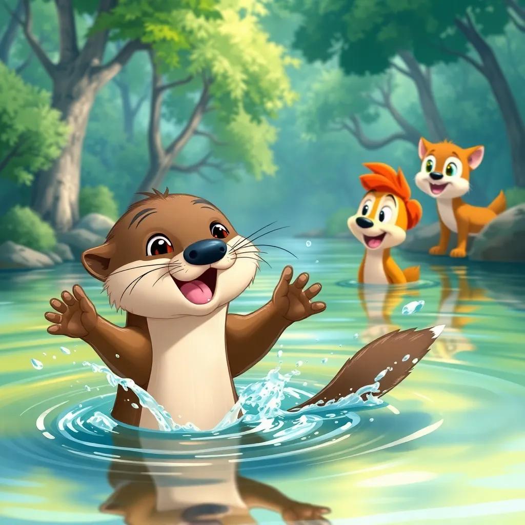 A playful otter, Lily, splashing in water, with Spark and Bella watching and laughing, a beautiful river with green trees around, vibrant colors, lively, child-friendly illustration, high quality