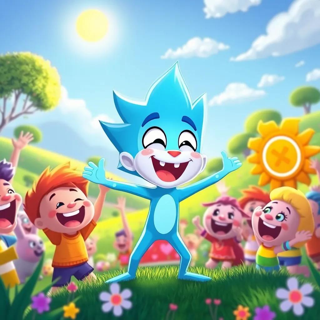Spark confidently trying to roar among cheering friends, with the sun shining, a colorful landscape, full of joy, cartoon style, energetic, bright colors, high quality