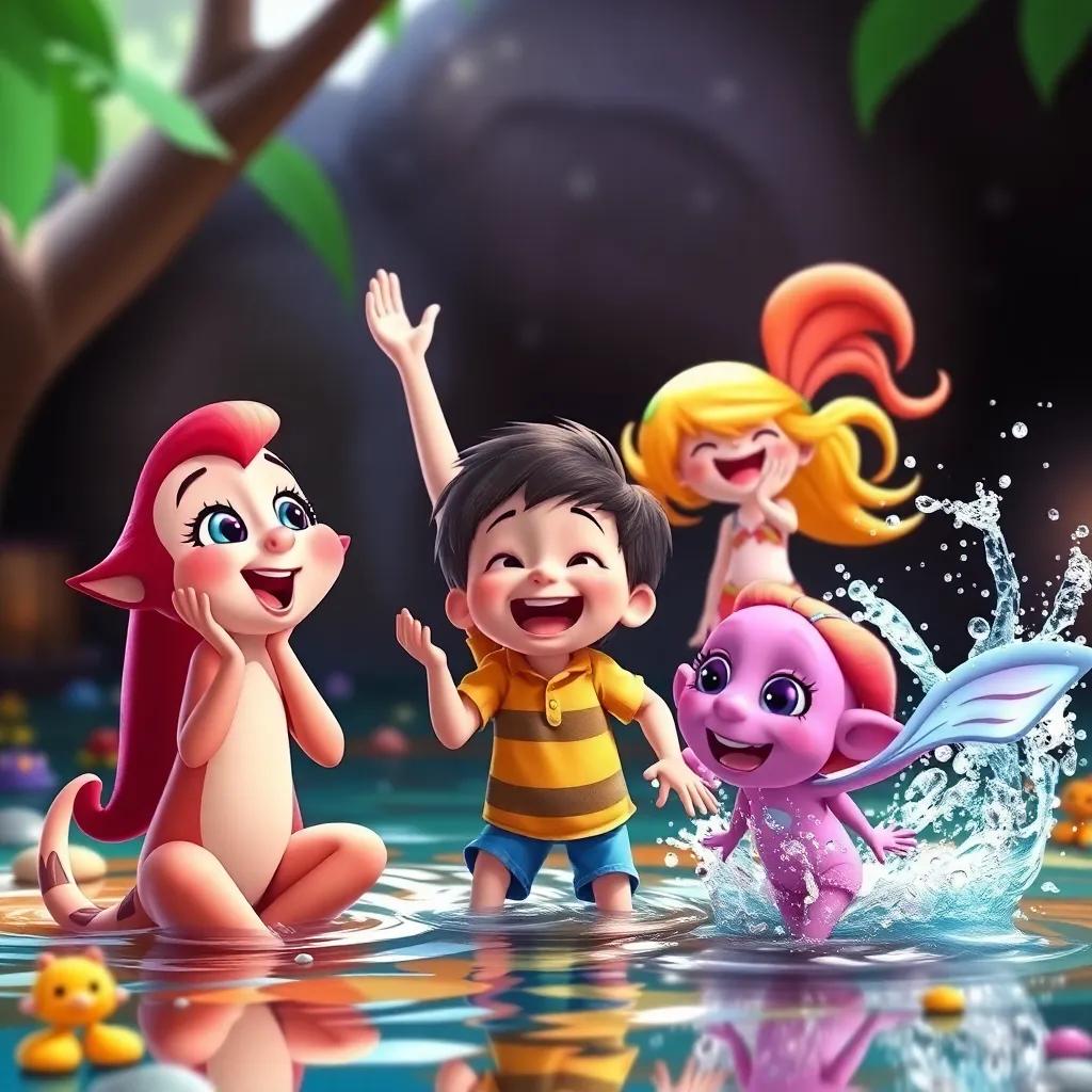 Bella singing cheerfully, Oliver flapping wings, and Lily splashing as they cheer for Spark, friendship visible in their smiles, colorful environment, celebrating happiness, vibrant digital art, high quality