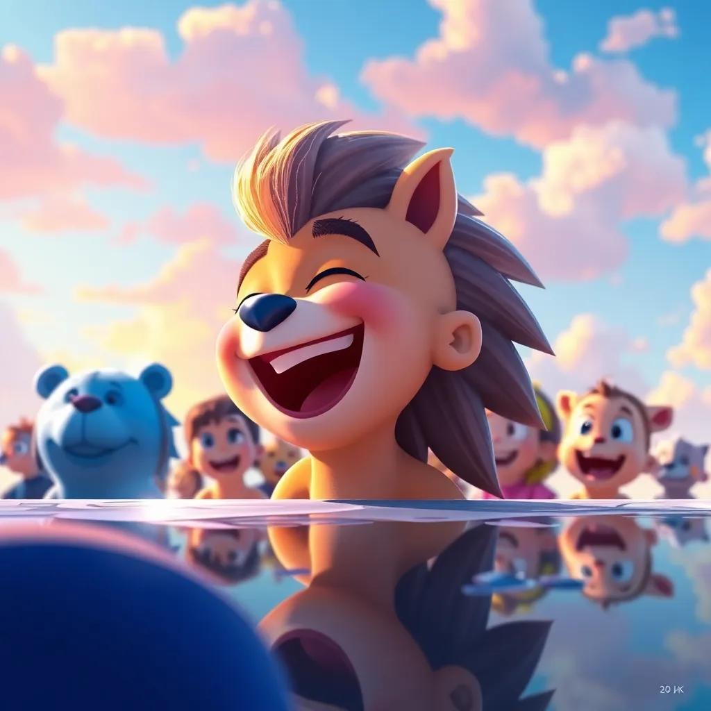 Spark, laughing and feeling happy as he realizes he can roar, surrounded by friends, colorful skies and bright daylight, reflective moment, cartoonish feel, high quality