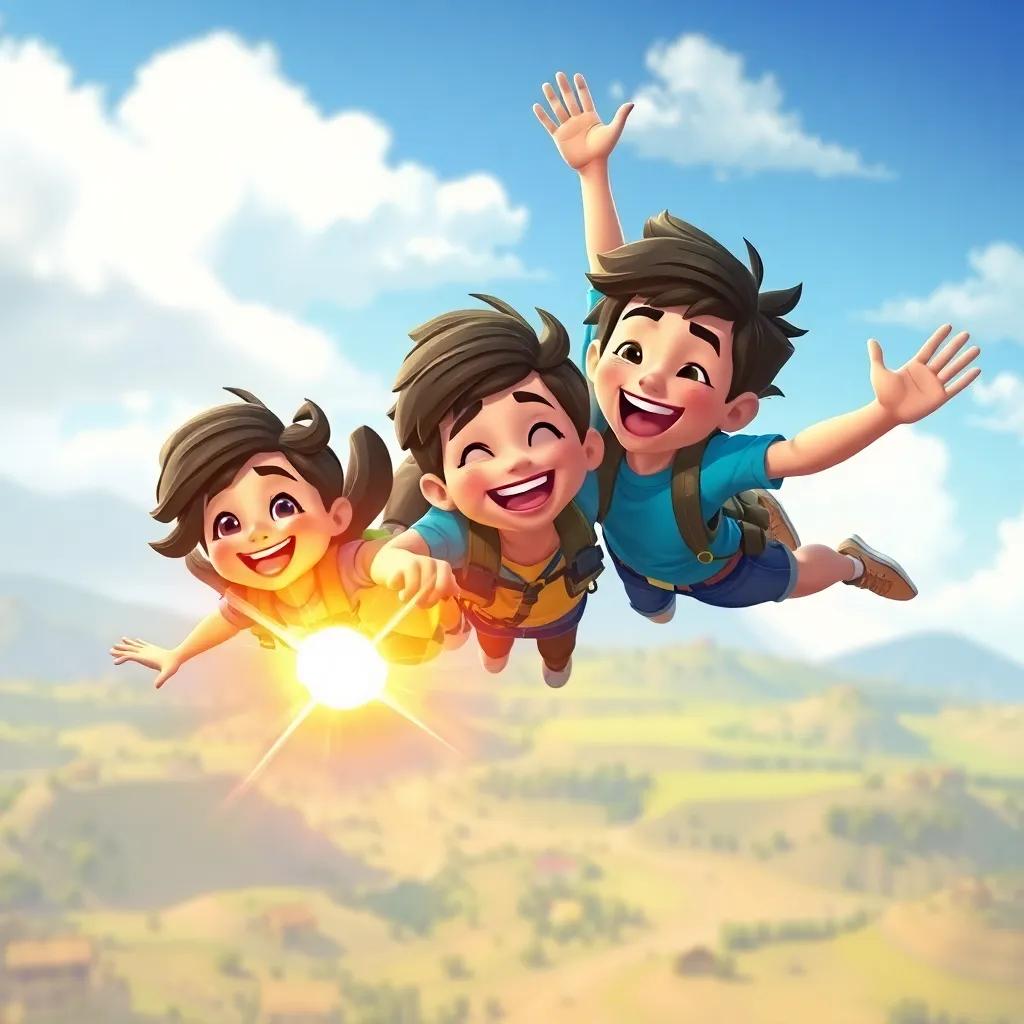 Spark with friends flying high together, cheerful landscape underneath, with their smiles and laughter filling the air, adventure-themed, fantasy feel, high quality
