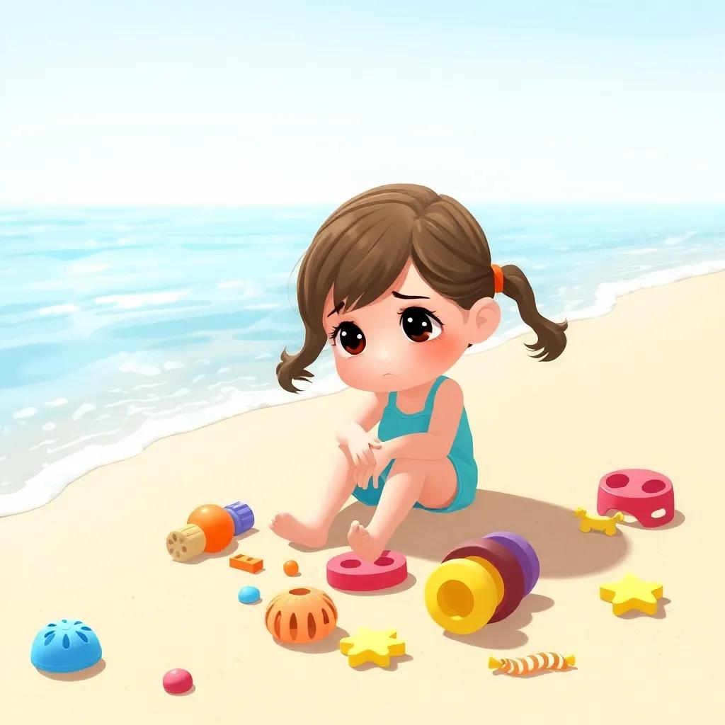 A little girl sitting alone on the sand, looking lost and sad with colorful beach toys scattered around her, gentle waves lapping at the shore, bright sunny day, illustration, heartwarming, child-friendly