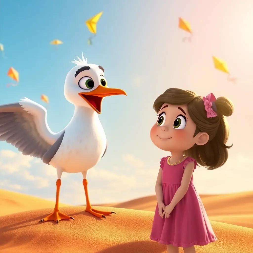 Sparky the Seagull speaking to the little girl, who looks surprised and curious, a background of sand dunes and flying kites, warm sunlight illuminating their faces, cheerful, adventure-themed