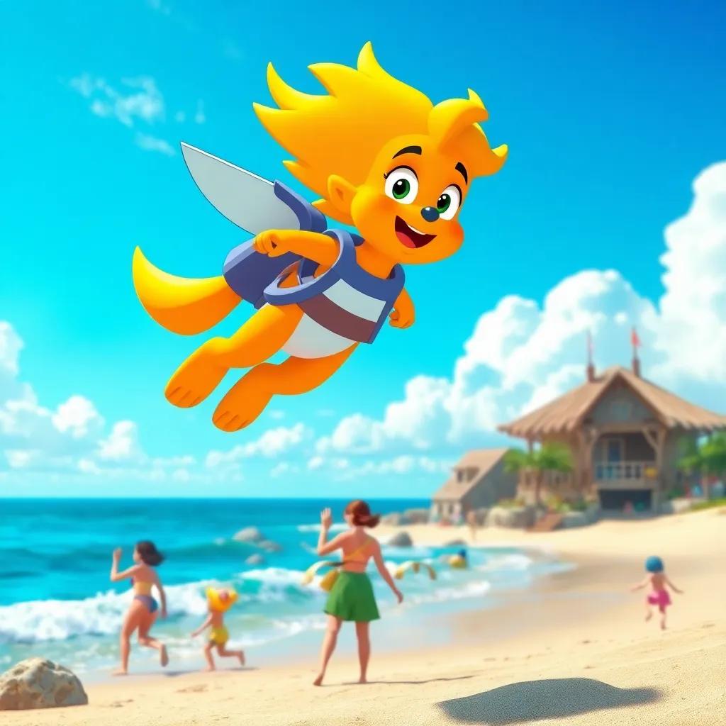 Sparky flying high above the beach, spotting a woman waving frantically near the water, with children playing in the background, bright blue sky with fluffy clouds, imaginative, vibrant colors