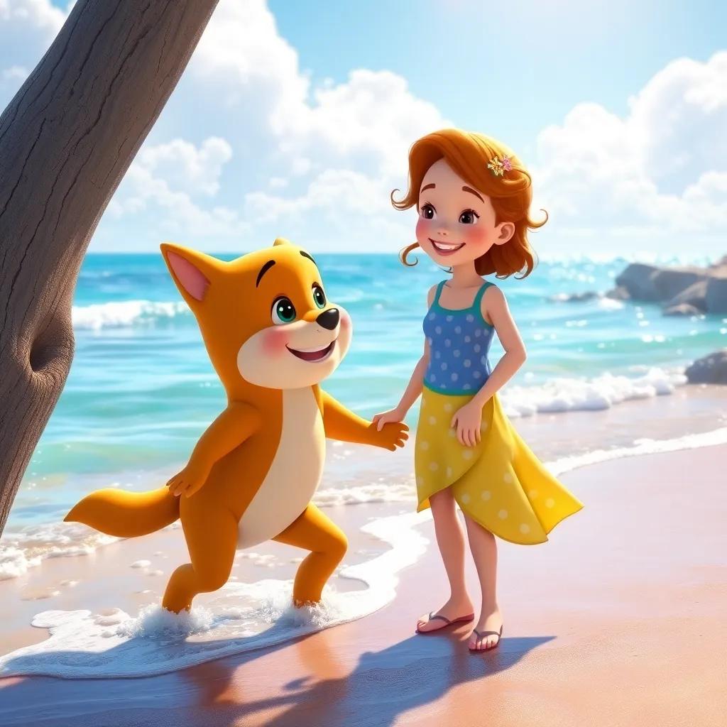 Sparky guiding the little girl towards her mother near the water, with both smiling, the sea and beach environment lively with sunshine and laughter, colorful, uplifting imagery