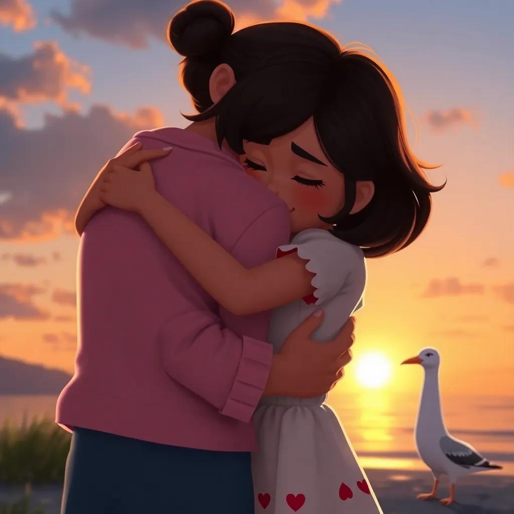 The little girl hugging her mother tightly with Sparky the Seagull watching from a short distance, setting sun casting a golden glow on the reunion, heartwarming, emotional moment