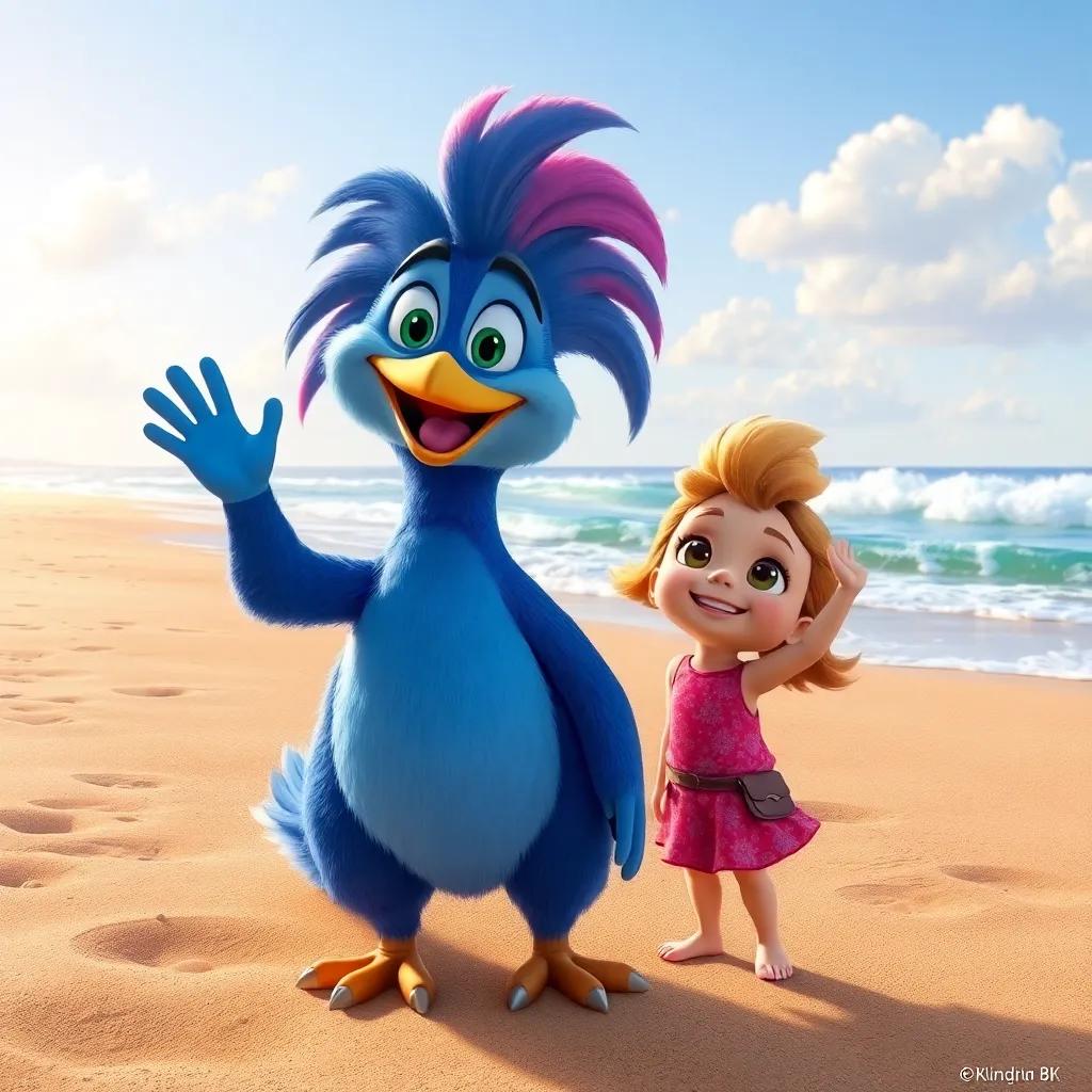 The little girl smiling and waving goodbye to Sparky, who fluffs his feathers proudly, with a picturesque sandy beach and sun-kissed waves behind them, joyful, friendly scene