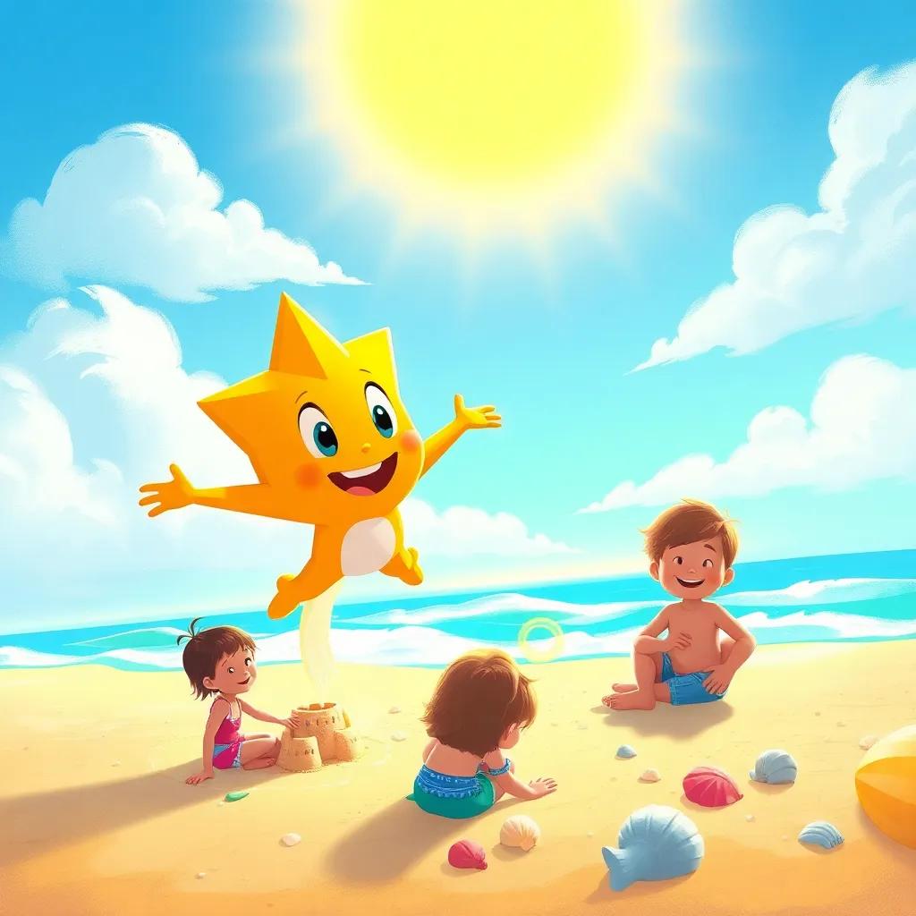 Sparky flying over the beach with children playing under the sun, building sandcastles and collecting shells, a sense of joy and adventure in the air, digital painting, colorful