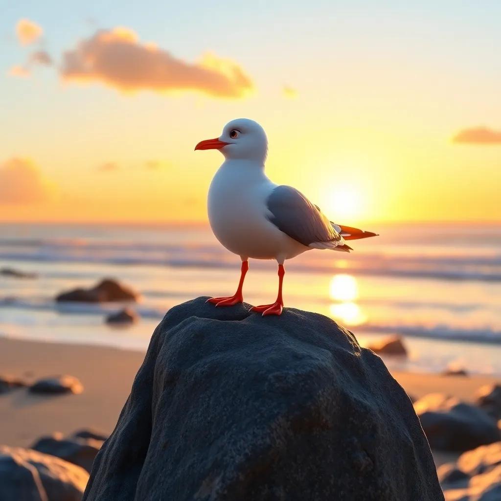 Sparky the Seagull perched on a rock, looking at the horizon with a sense of fulfillment, the beach in the background, golden sunset creating a beautiful scene, inspiring atmosphere