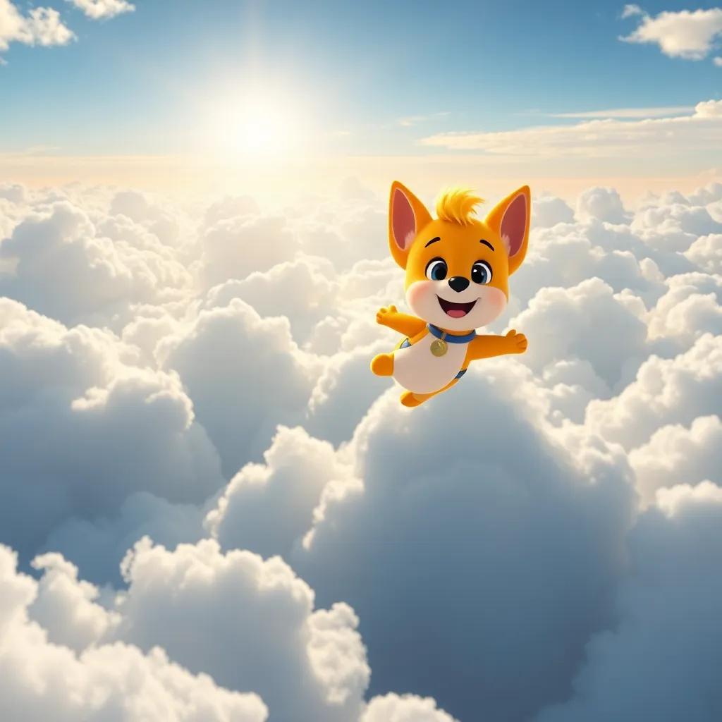 Sparky flying high in the sky, surrounded by clouds, symbolizing the limitless nature of kindness, bright sunlight shining down, metaphoric, positive message