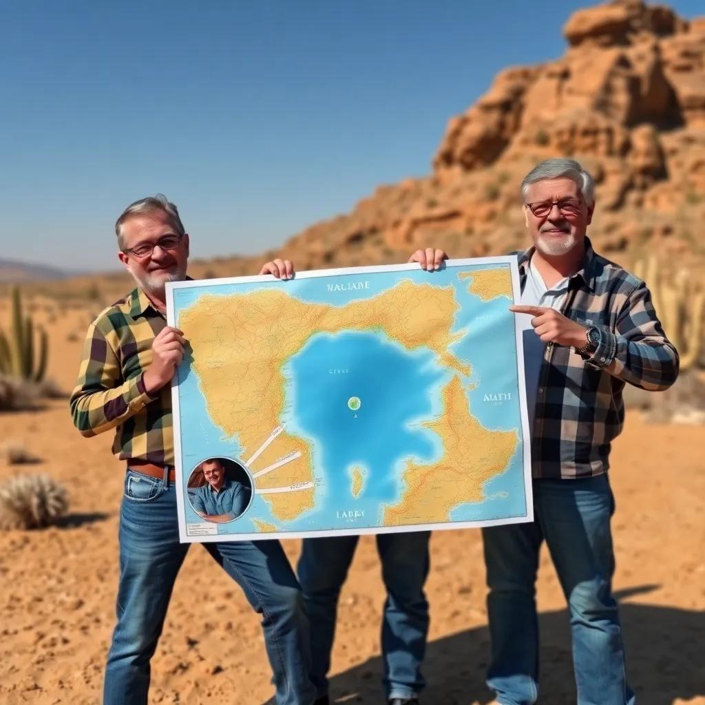 Steve, centered in the image, holding an upside-down map with a sea in the middle of the desert, Bob looking surprised, holding the map upside down, Larry pointing at the map proudly, dry desert with cubic cacti in the background, daylight, front angle, digital illustration, humorous and vibrant