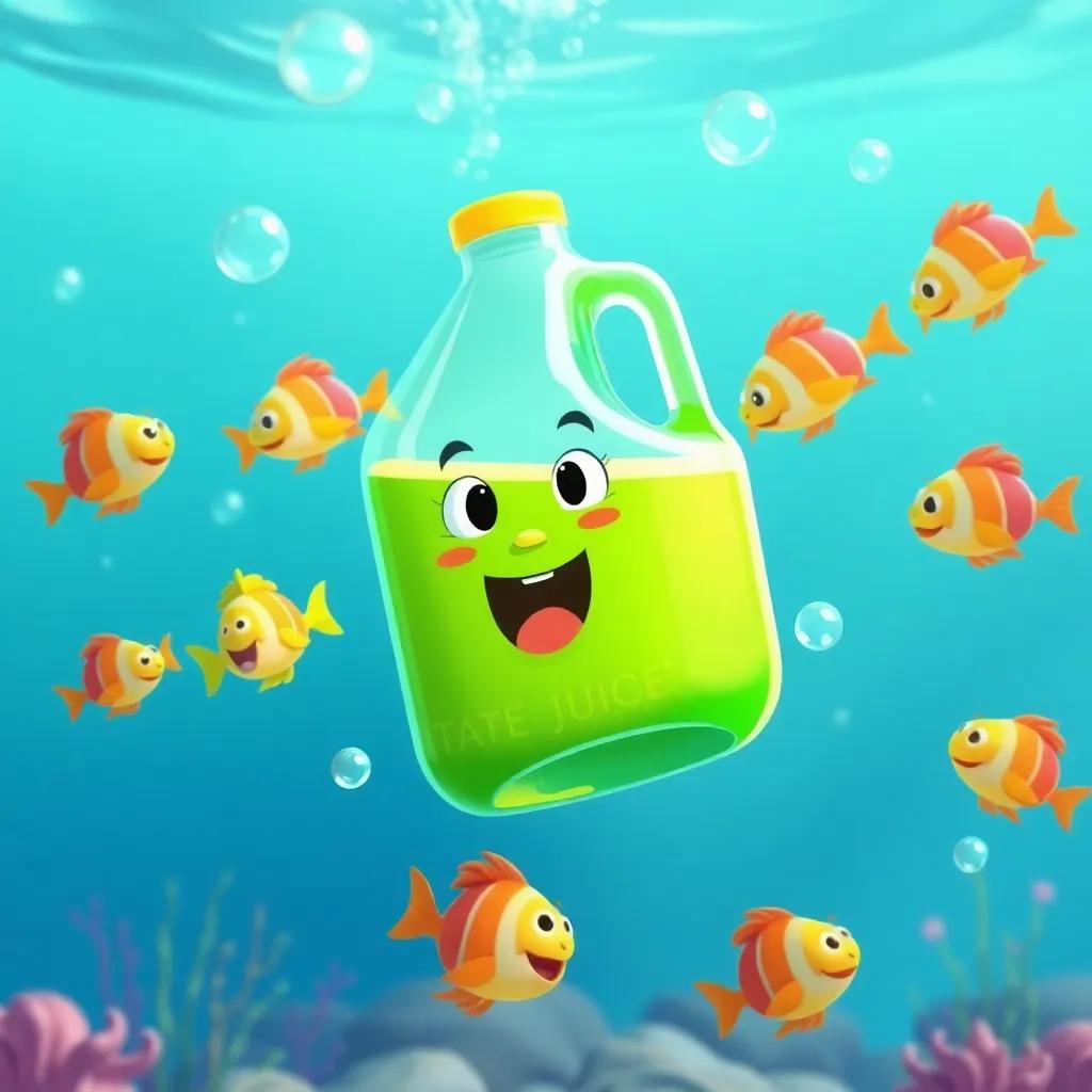 The juice jug, floating up in the water with colorful fish dancing around it, amazed expression, underwater world, bubbles and laughter, joyful cartoon style, bright colors