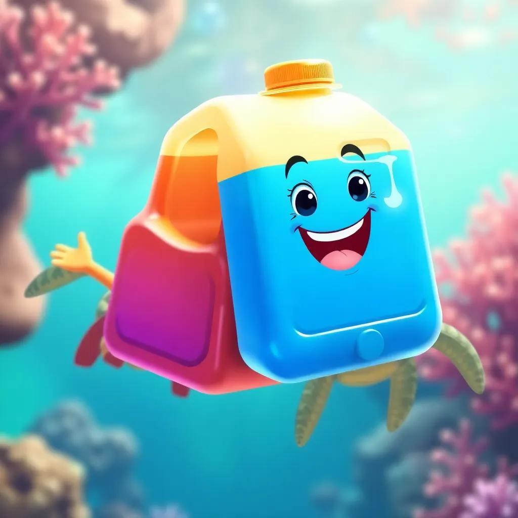 The juice jug, happy and excited, swimming alongside a friendly, shy turtle, colorful coral in the background, watery adventure scene, engaging illustration, soft colors