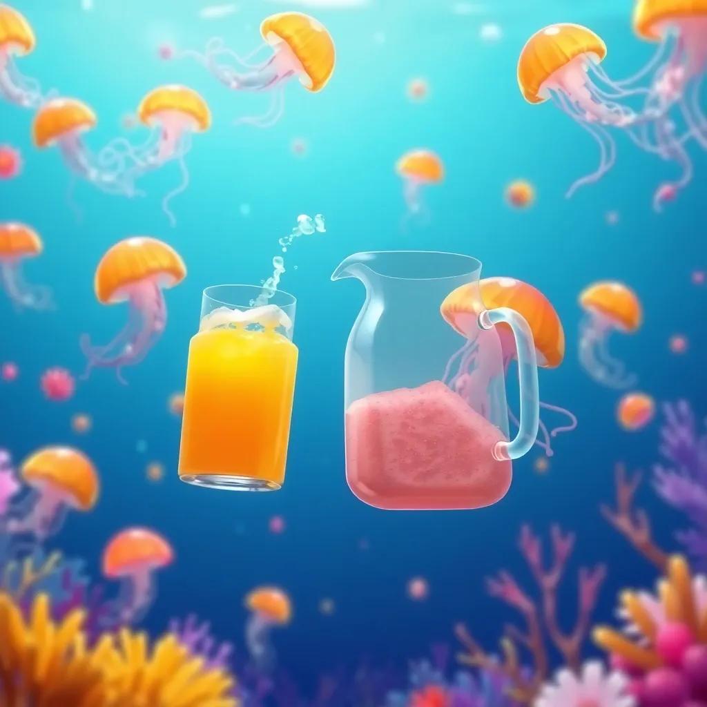 The juice jug, watching jellyfish floating gracefully around, colorful and dynamic underwater scene, vibrant colors, bright and whimsical