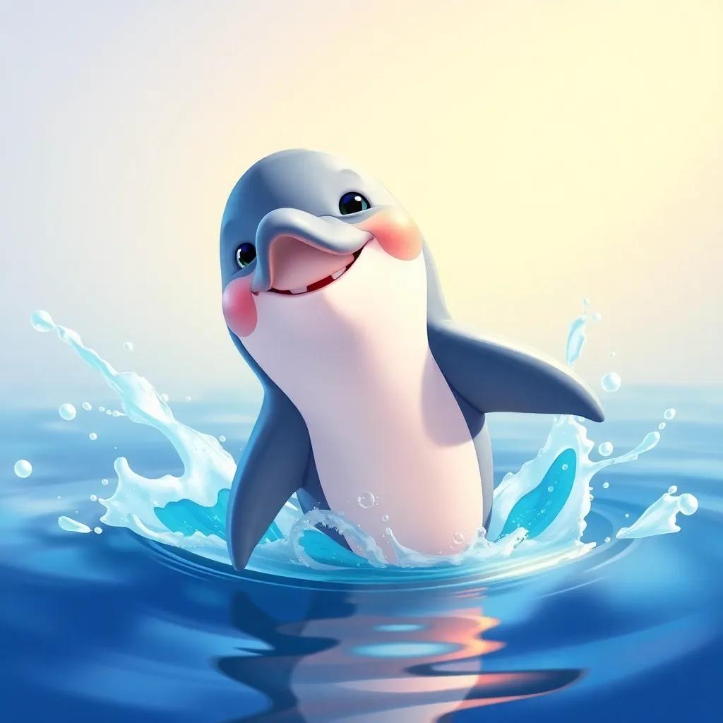 A friendly dolphin jumping out of the water, cheerful expression, colorful water splashes around, inviting and fun atmosphere, engaging illustration