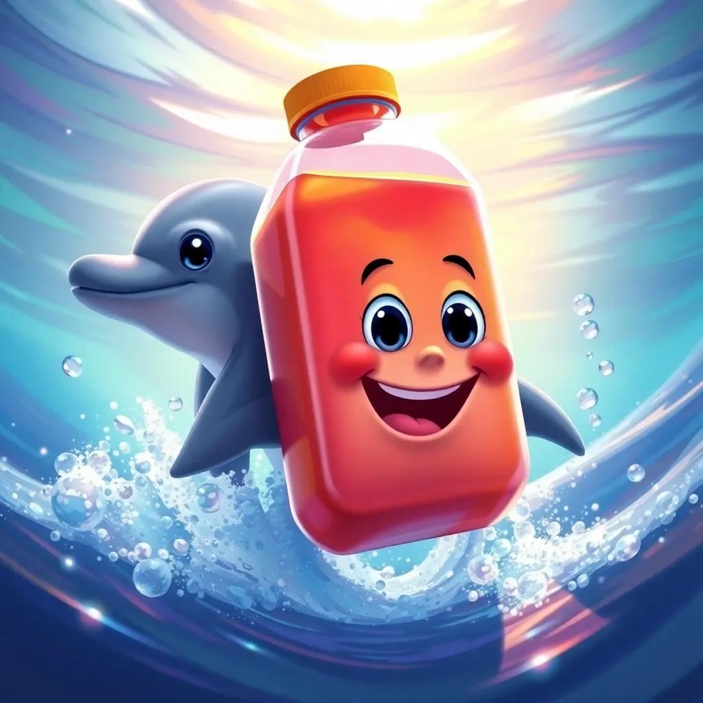 The juice jug swimming behind a dolphin, happy and excited, vibrant waters with bubbles, sense of adventure, colorful digital painting