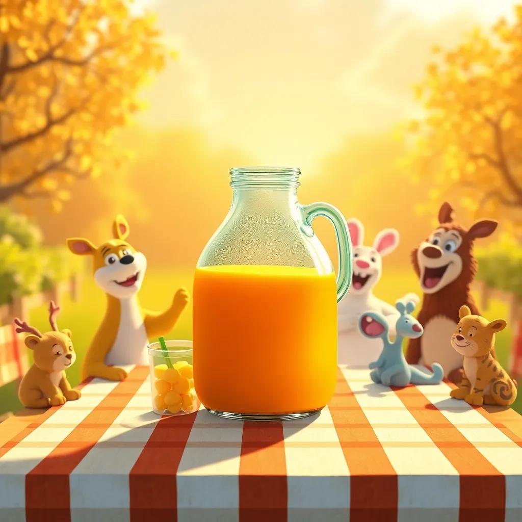 The juice jug now back on the picnic table, sun shining brightly, animals celebrating around it, joyful picnic scene, warm colors, cheerful atmosphere