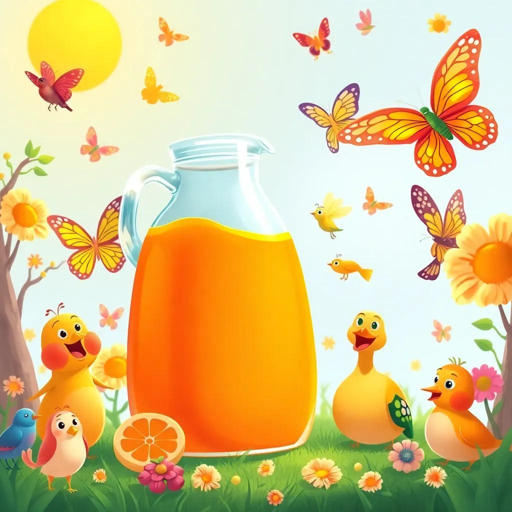 The juice jug, bright orange, surrounded by cheerful animals, like butterflies and birds, all having fun in the sun, playful atmosphere, illustration, cute and inviting