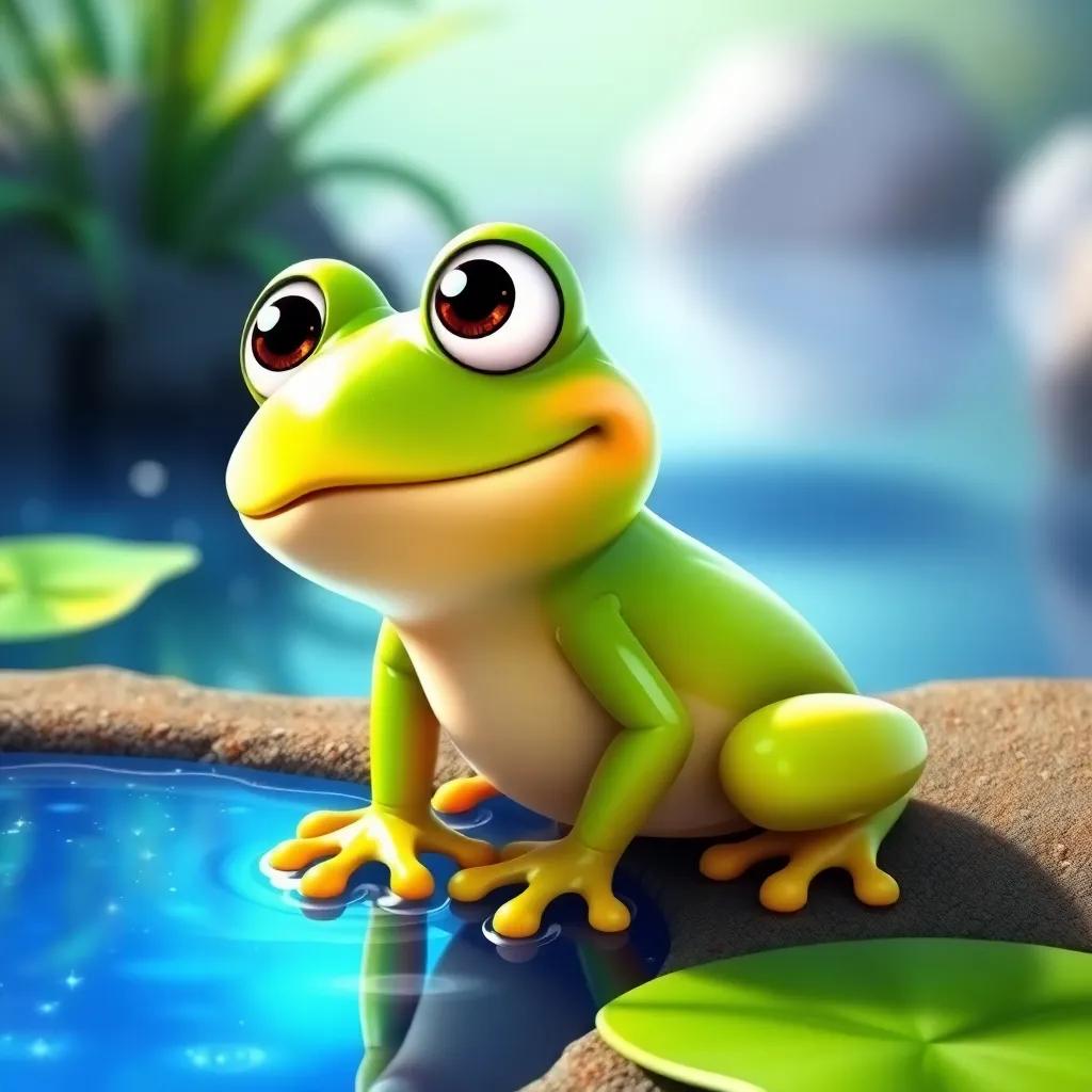 A little green frog, Fred, with big round eyes and a shiny, smooth body, sitting by a sparkling blue pond, cheerful atmosphere, digital art, bright colors, playful and inviting