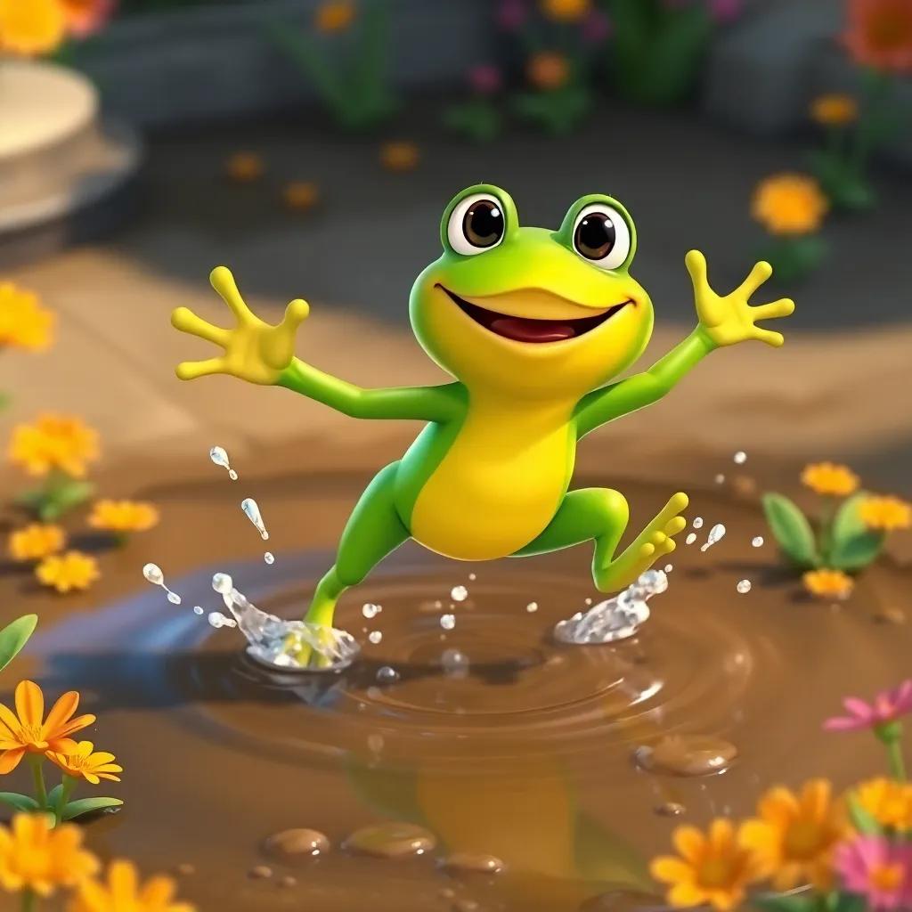 Fred the Frog, a little green frog, jumping into a big puddle, with water splashing around him, surrounded by brightly colored flowers, joyful expression, happy scene, cartoonish style