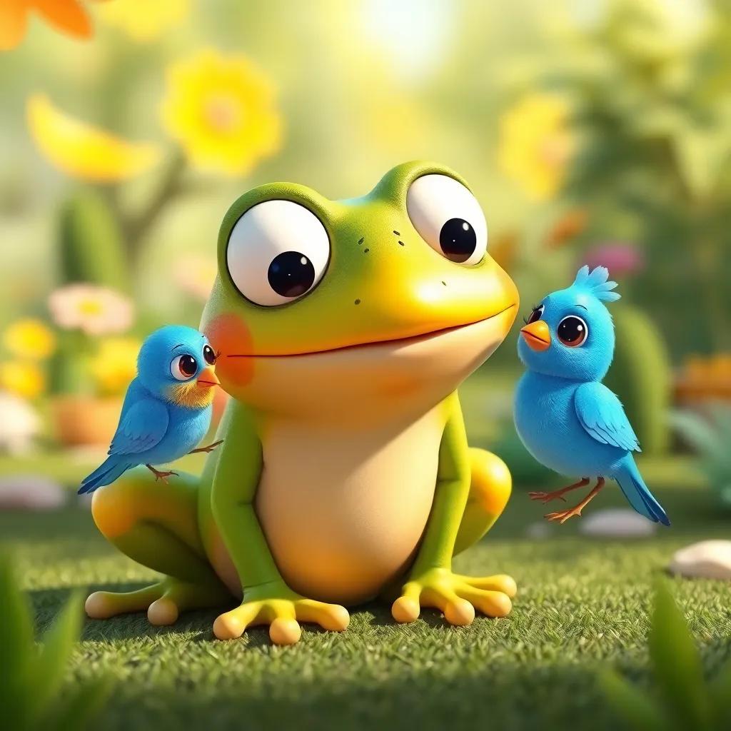 Fred the Frog, a little green frog, with big round eyes, meeting a tiny blue bird, Bella, who is chirping happily, in a colorful, sunny environment, illustration, cheerful and vibrant colors