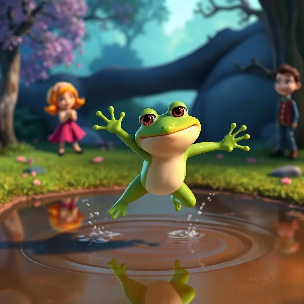 Fred the Frog, a little green frog, bravely jumping over a large puddle, with a determined face, Bella and Terrence cheering him on in the background, colorful and inspirational scene, fantasy art