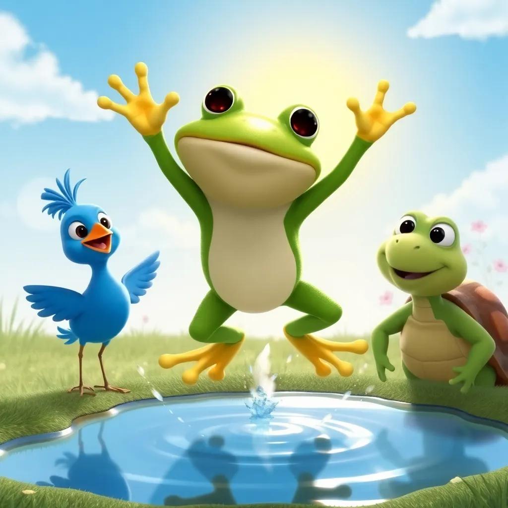 Fred the Frog, feeling proud after jumping over the big puddle, surrounded by Bella the blue bird and Terrence the turtle, they are all celebrating together with smiles, bright sun in the background