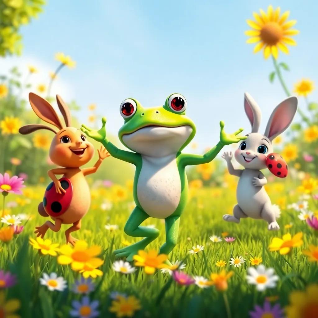 Fred the Frog, dancing with his friends, a curious rabbit and a friendly ladybug, in a sunny meadow filled with flowers, all having fun together, vibrant colors, cheerful atmosphere