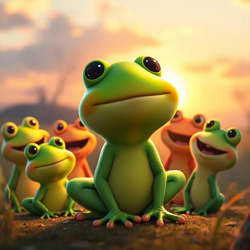 Fred the Frog, a little green frog, surrounded by his new friends, laughing and singing as the sun sets behind them, warm golden light, heartwarming scene