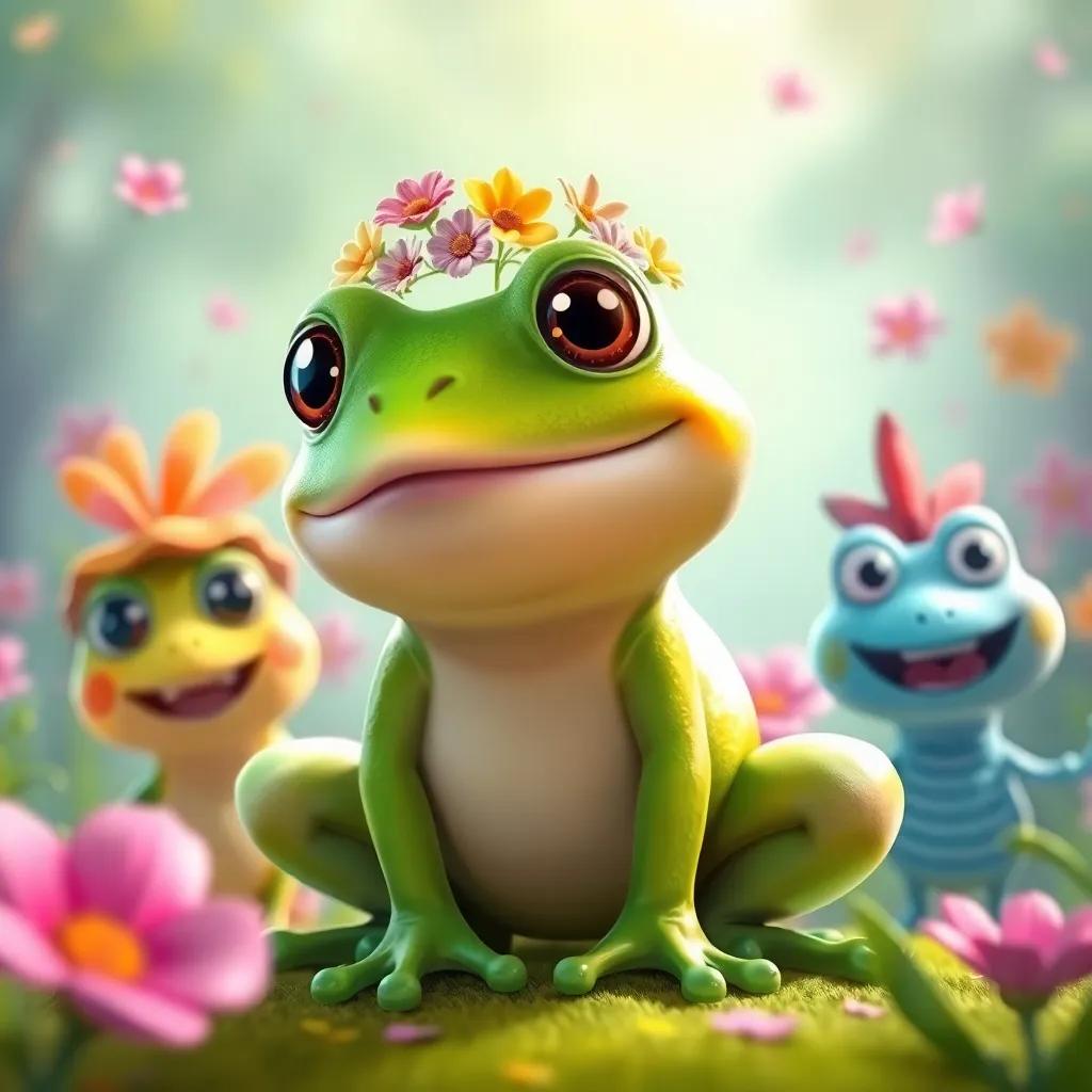 Fred the Frog, a little green frog, wearing a crown made of flowers, surrounded by his cheerful friends, celebrating their day of fun and adventure, colorful and joyful atmosphere, storybook style