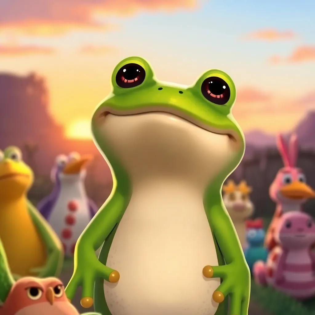Fred the Frog, a little green frog, looking content and happy, smiling at the sunset, surrounded by his friends from the day, peaceful and bright scene, beautifully illustrated