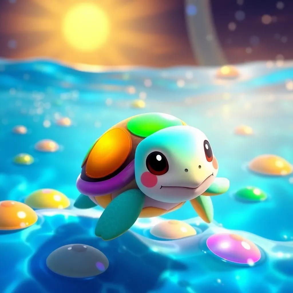 A little rainbow turtle named Tilly, swimming in bright magical waters with shiny colorful shells, sun shining down, cheerful scene, digital art, vibrant colors, playful atmosphere, high quality