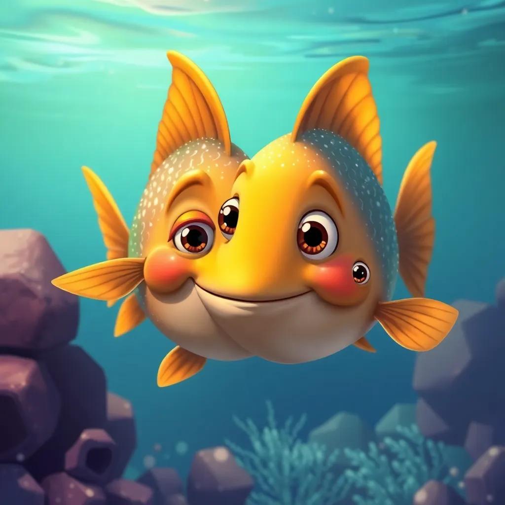 A wise old fish with sparkling scales and big eyes, swimming beside Tilly, giving advice in the magical waters, friendly interaction, illustration, warm colors, inviting scene, high quality