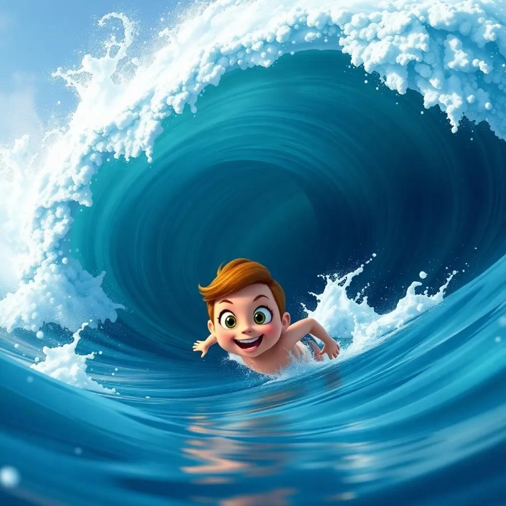 A big wave rolling towards Tilly, who looks brave and swims fast with a determined expression, splashes of water around her, dynamic composition, digital art, energetic colors, child-friendly, high quality