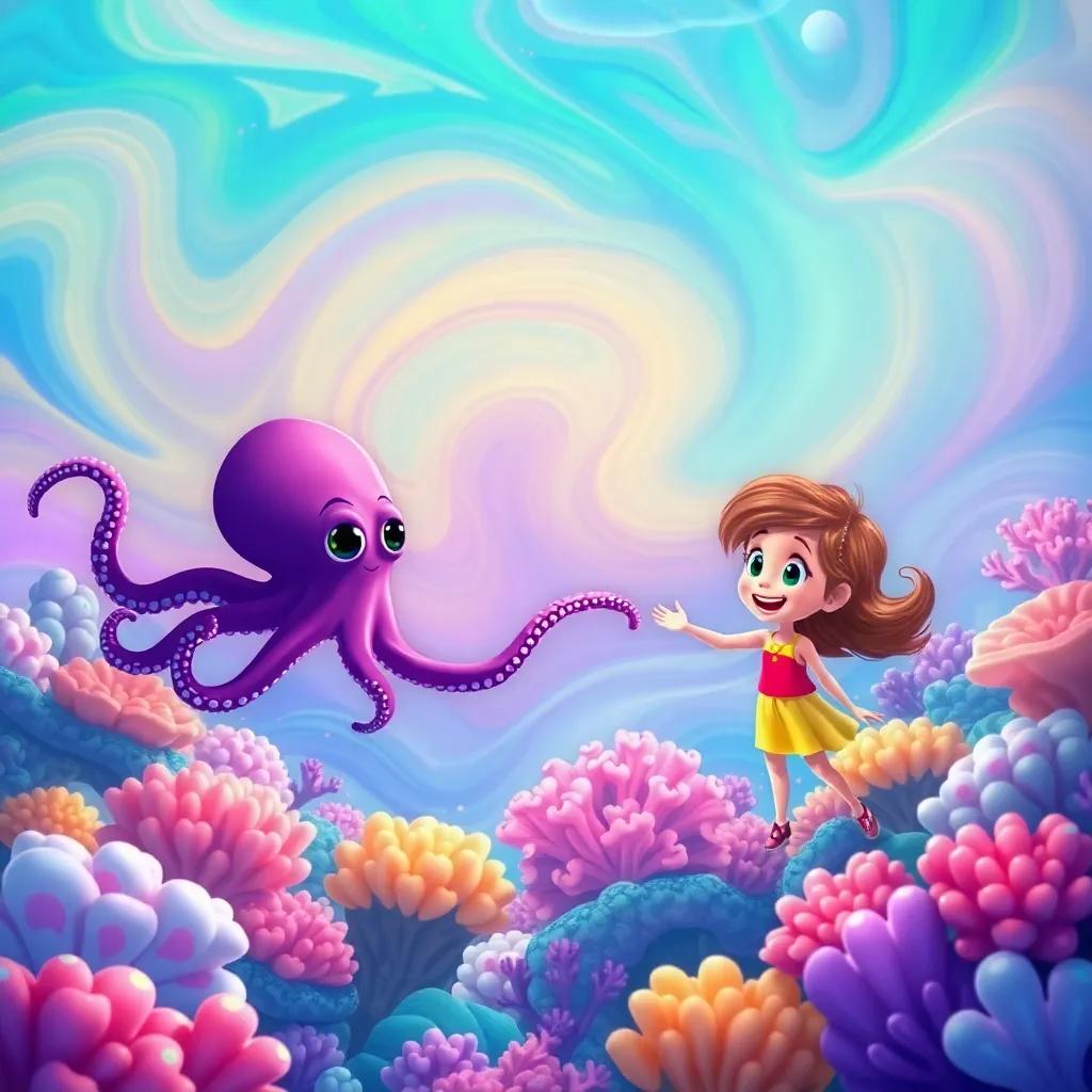 A beautiful coral reef with swirling colors like a rainbow, Tilly exploring, meeting a friendly octopus named Ollie extending a tentacle, joyful atmosphere, illustration, bright colors, magical scene, high quality