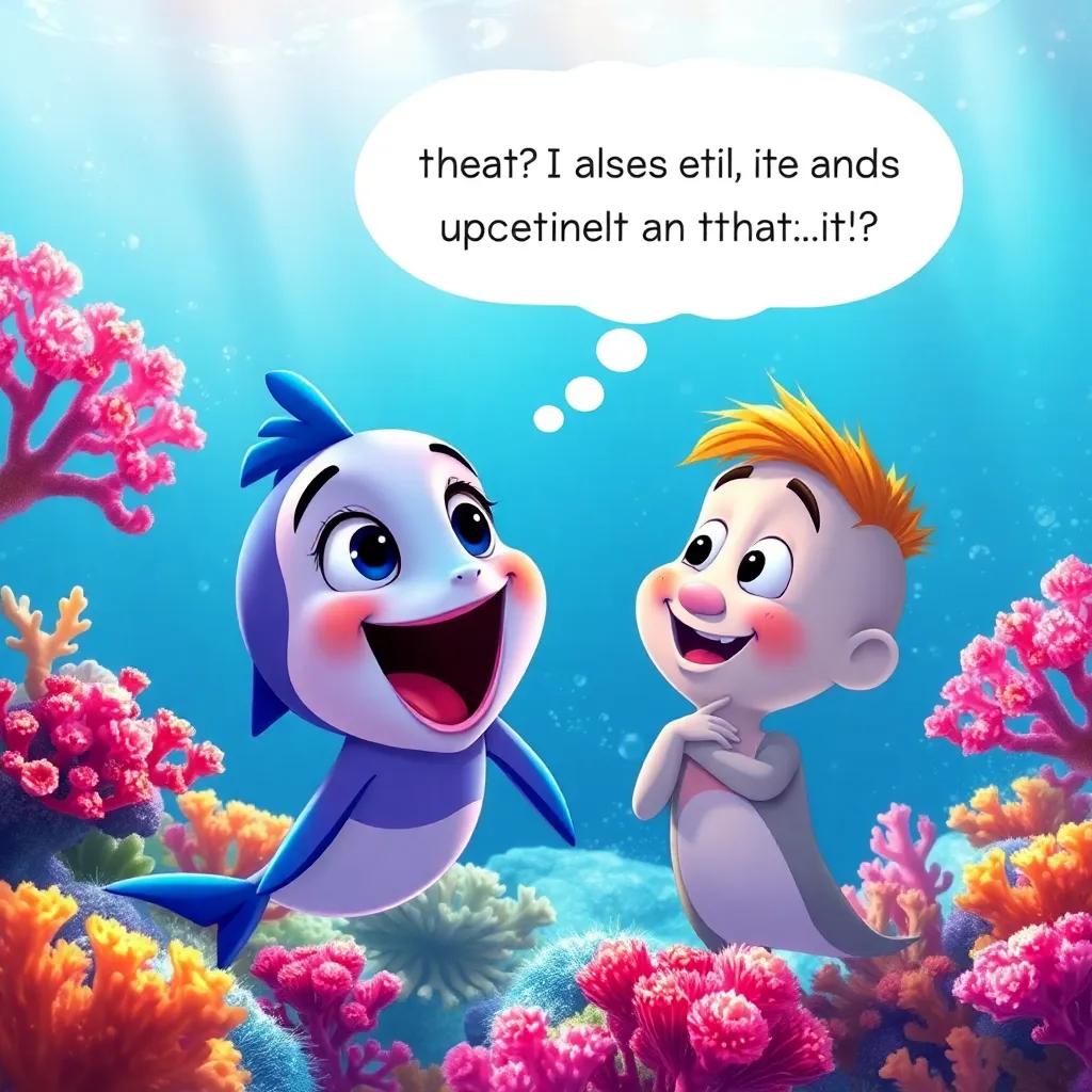 An excited Tilly asking Ollie about her family, surrounded by vibrant coral and shimmering water, Ollie smiling and thinking, illustration, colorful, heartfelt, high quality