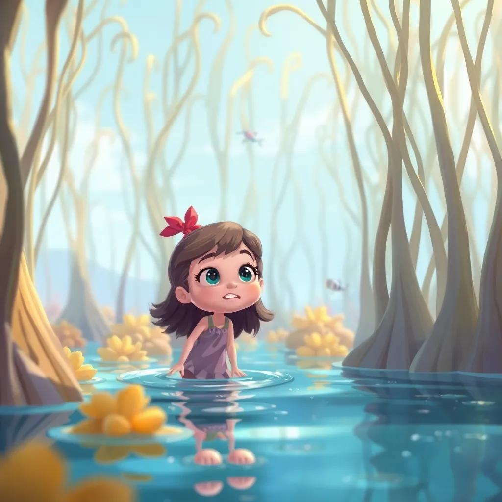 Tilly arriving at a seaweed forest, feeling a little scared, the tall seaweed swaying in the water, a mix of curiosity and courage on her face, illustration, calming colors, high quality