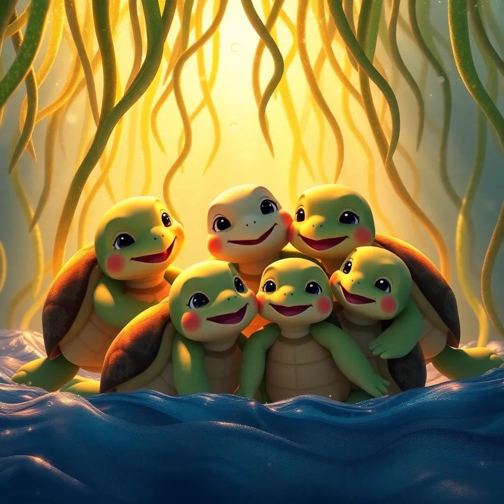 A joyful reunion scene with Tilly’s family playing under shimmering seaweed, all turtles smiling and embracing, warm light, loving atmosphere, digital art, vibrant colors, heartwarming, high quality