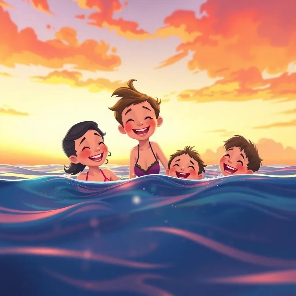 Tilly and her family swimming together at sunset, vibrant colors of orange and pink in the sky, laughter and joy filling the water, illustration, warm and joyful, high quality