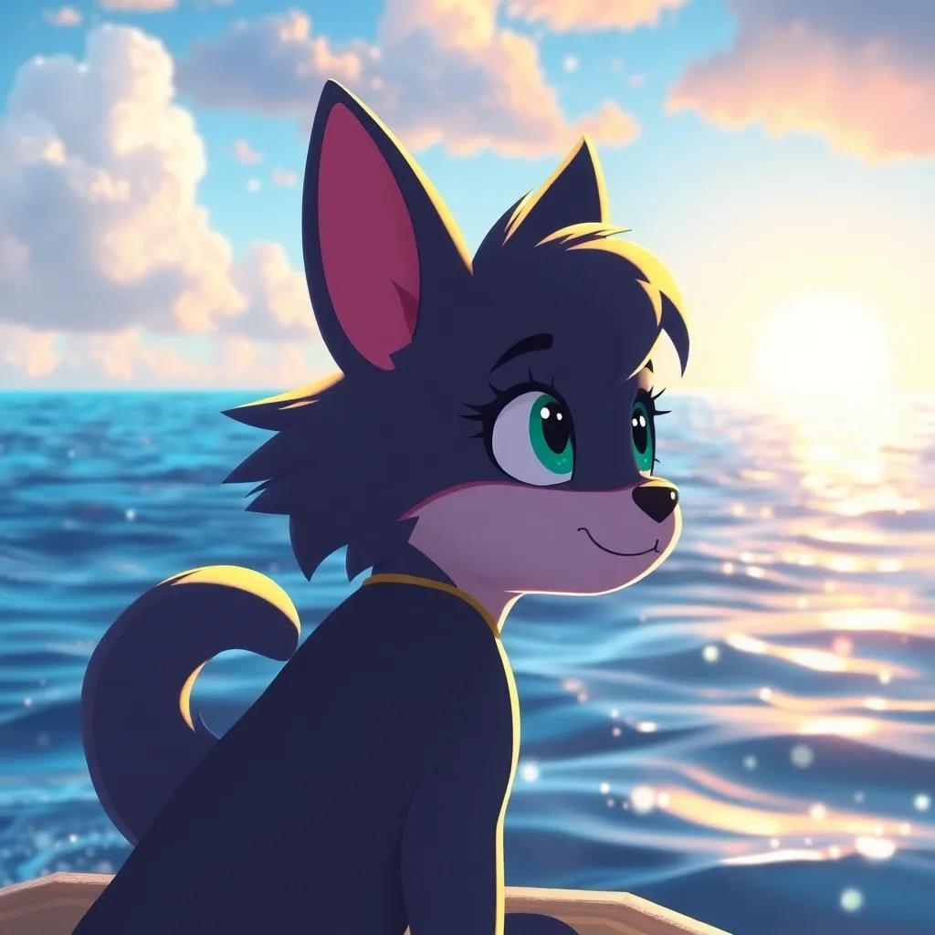 Tilly looking towards the magical waters, ready for new journeys, the bright horizon in sight, full of adventure and love, digital art, hopeful colors, uplifting, high quality