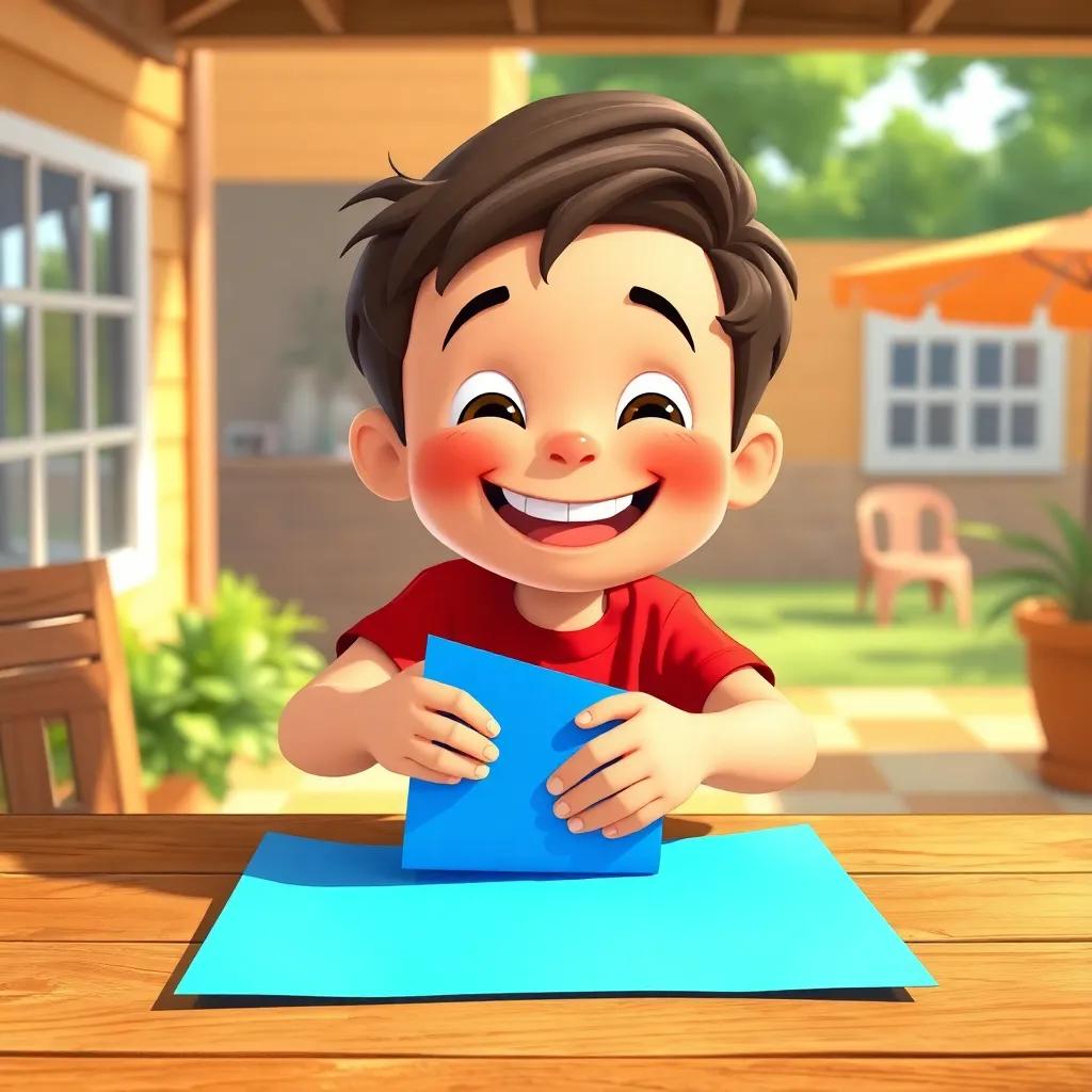 Tommy, a cheerful boy with a big smile, wearing a bright red T-shirt and blue shorts, sitting at a wooden table folding a bright blue paper, sunny day outside, illustration, cheerful, colorful, inviting atmosphere, high quality