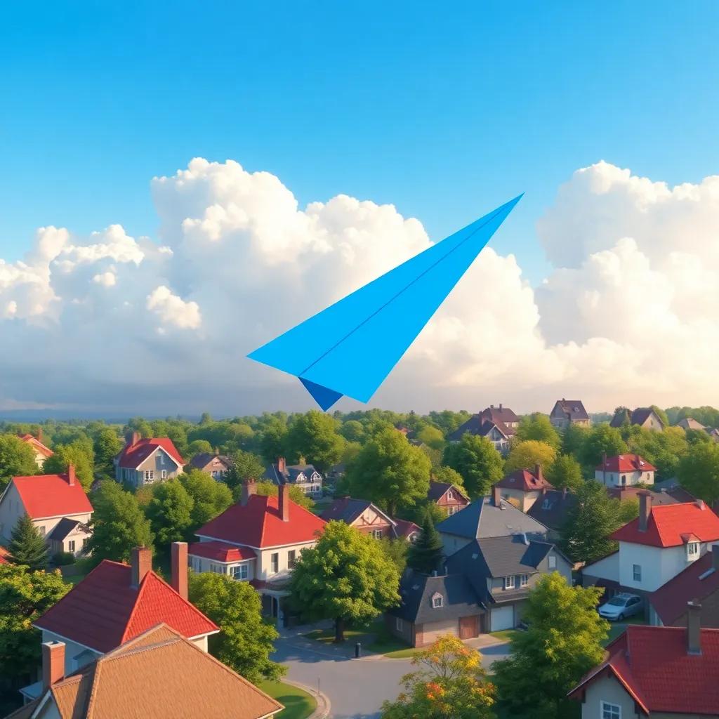 A bright blue paper airplane flying high in the sky, surrounded by fluffy white clouds, over houses and trees in a small town, vibrant colors, joyful, enchanting view, digital art, lively