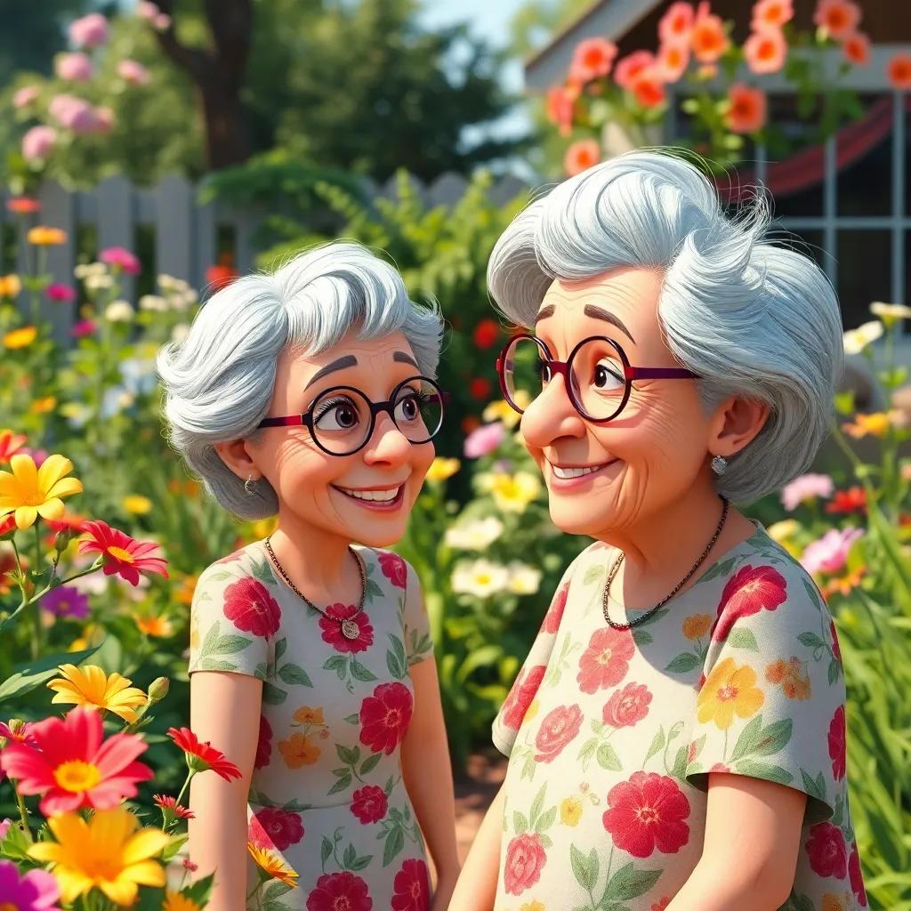 Miss Lily, a kind old lady with gray hair, wearing a floral dress and glasses, smiling at Tommy in her colorful garden, flowers blooming, sunny weather, heartwarming, friendly ambiance, rich colors, detailed